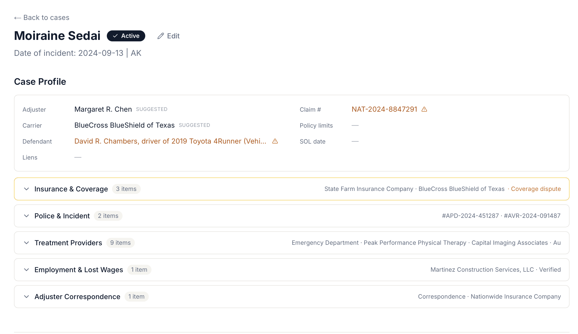 A case in SettlHQ: adjuster, carrier, claim number and defendant pulled from the documents, with insurance, police, provider, employment and correspondence sections underneath.