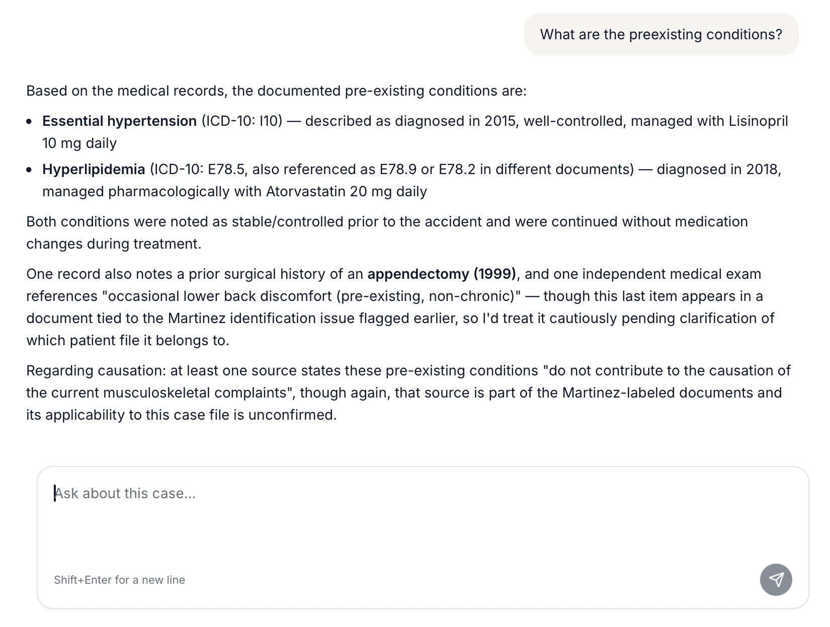 A chat answer listing the client's pre-existing conditions with ICD codes, and a note that one source may belong to a different patient file.